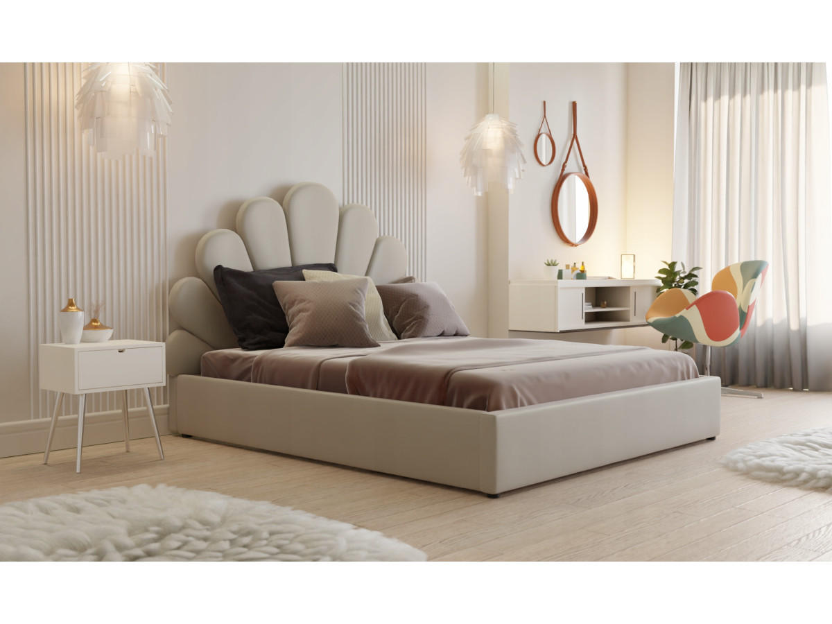 POLSTERBETT ARIEL 120x200 cm Beige mit Bettkasten und Lattenrost, Muschel-Kopfteil - Beige, Textil/Metall (120/200cm) - MebleHot