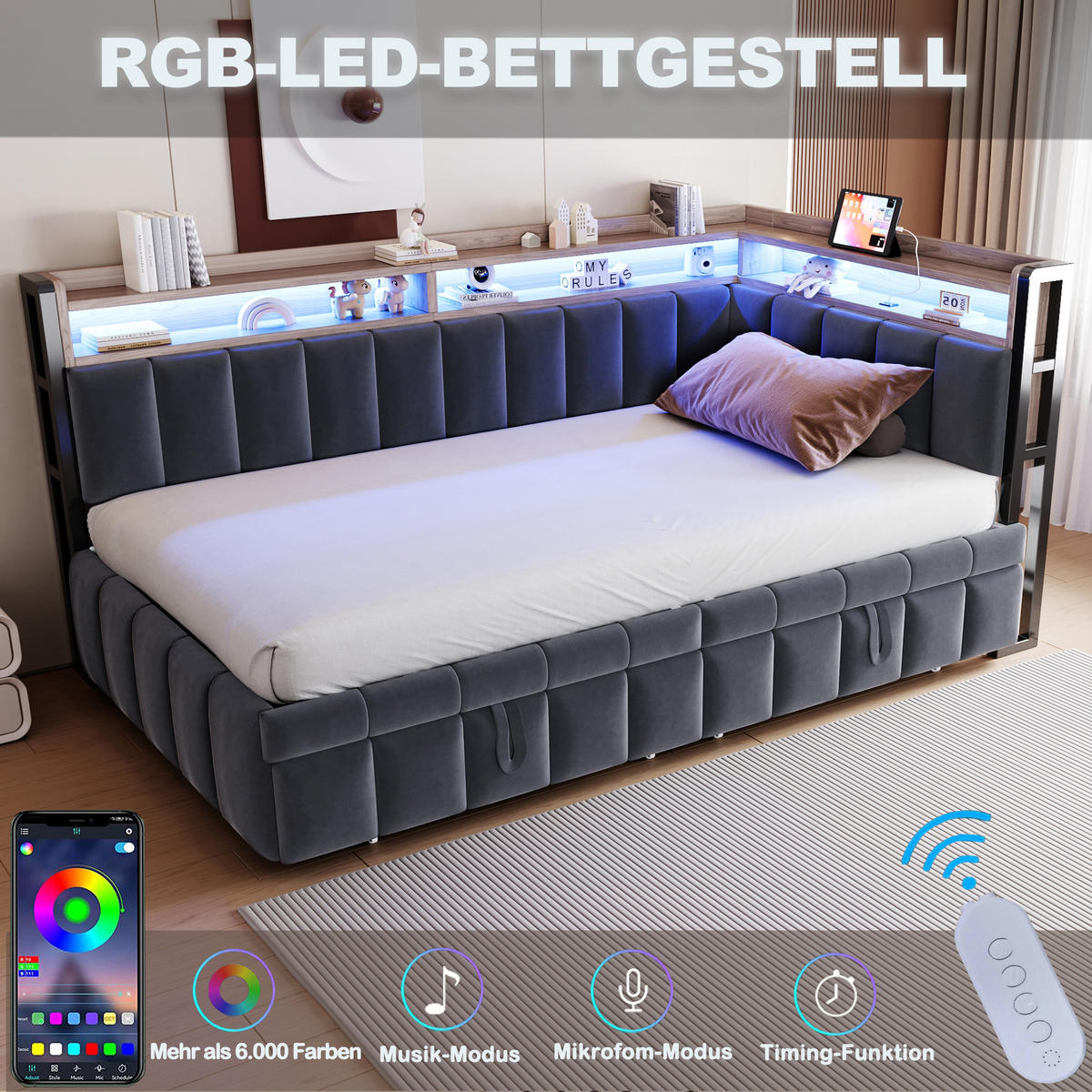 SCHLAFSOFA 90x200cm mit Ausziehbett, LED, USB-C, Dunkelgrau - Grau, Textil (90/200cm) - FLIEKS