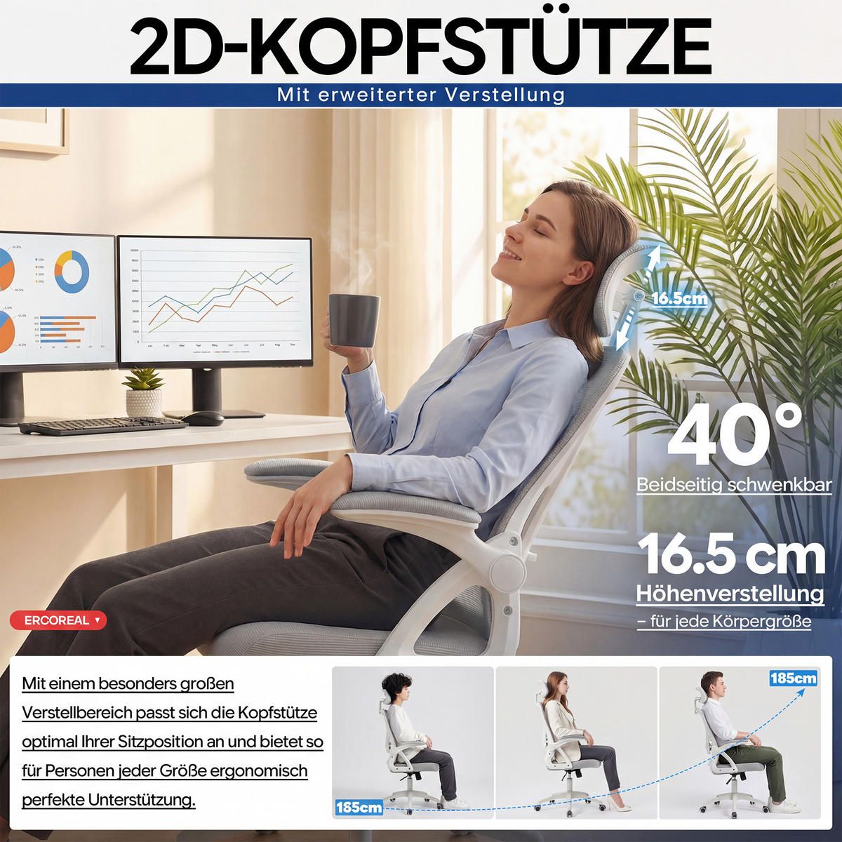 DREHSTUHL Gräulich-weiß mit Verstellbare Lendenwirbelstütze und 2D-Kopfstütze - Weiß, Kunststoff (63/114/68cm) - Oxeza