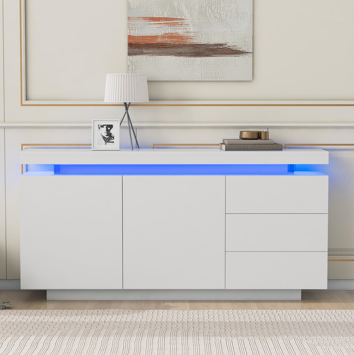 SIDEBOARD aus Spanplatte 140x35x72,5 cm Weiß mit LED-Beleuchtung, 2 Türen und 3 Schubladen - Weiß, Holzwerkstoff (140/72/38cm) - IVMEU