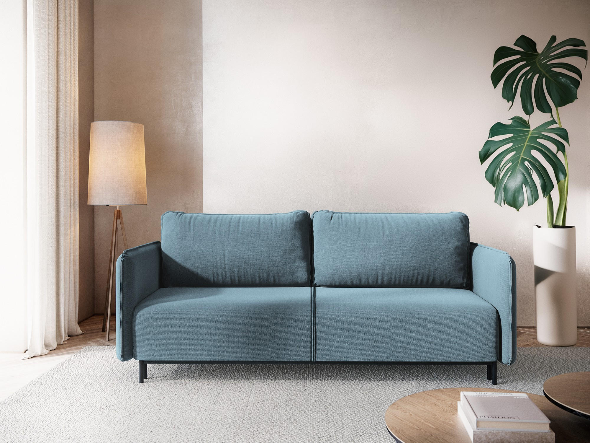 3-SITZER SOFA mit Schlaffunktion Strukturstoff Stoff Blau - Blau/Schwarz, Holz/Textil (226/90/92cm) - Makamii