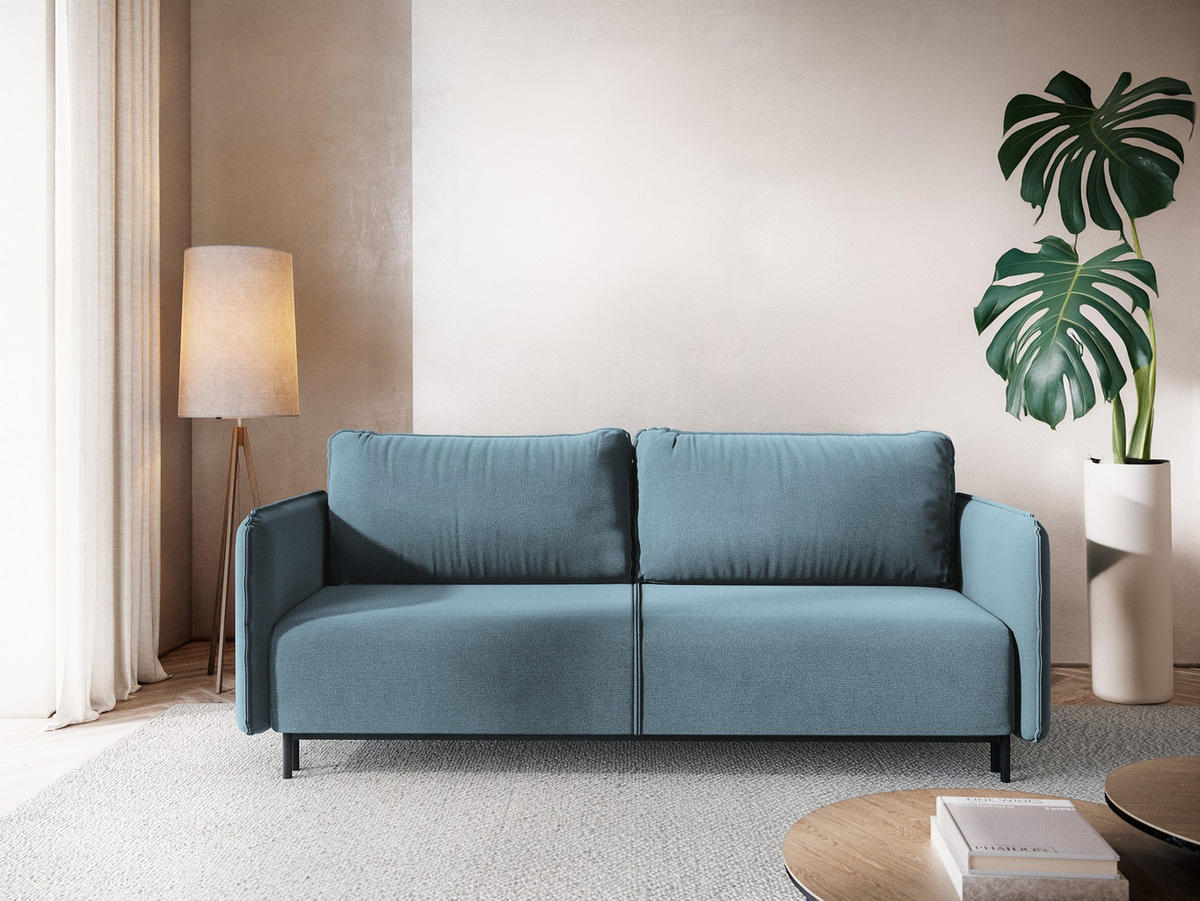 3-SITZER SOFA mit Schlaffunktion Strukturstoff Stoff Blau - Blau/Schwarz, Holz/Textil (226/90/92cm) - Makamii