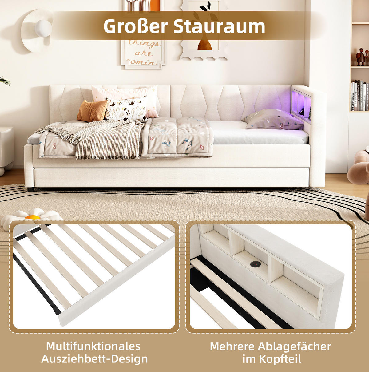TAGESBETT 90/200 cm mit Ausziehbett, LED-Beleuchtung, USB- und USB-C-Anschluss, Ablagefächern und Leinenbezug, Beige - Beige, Textil (90/200cm) - Redom