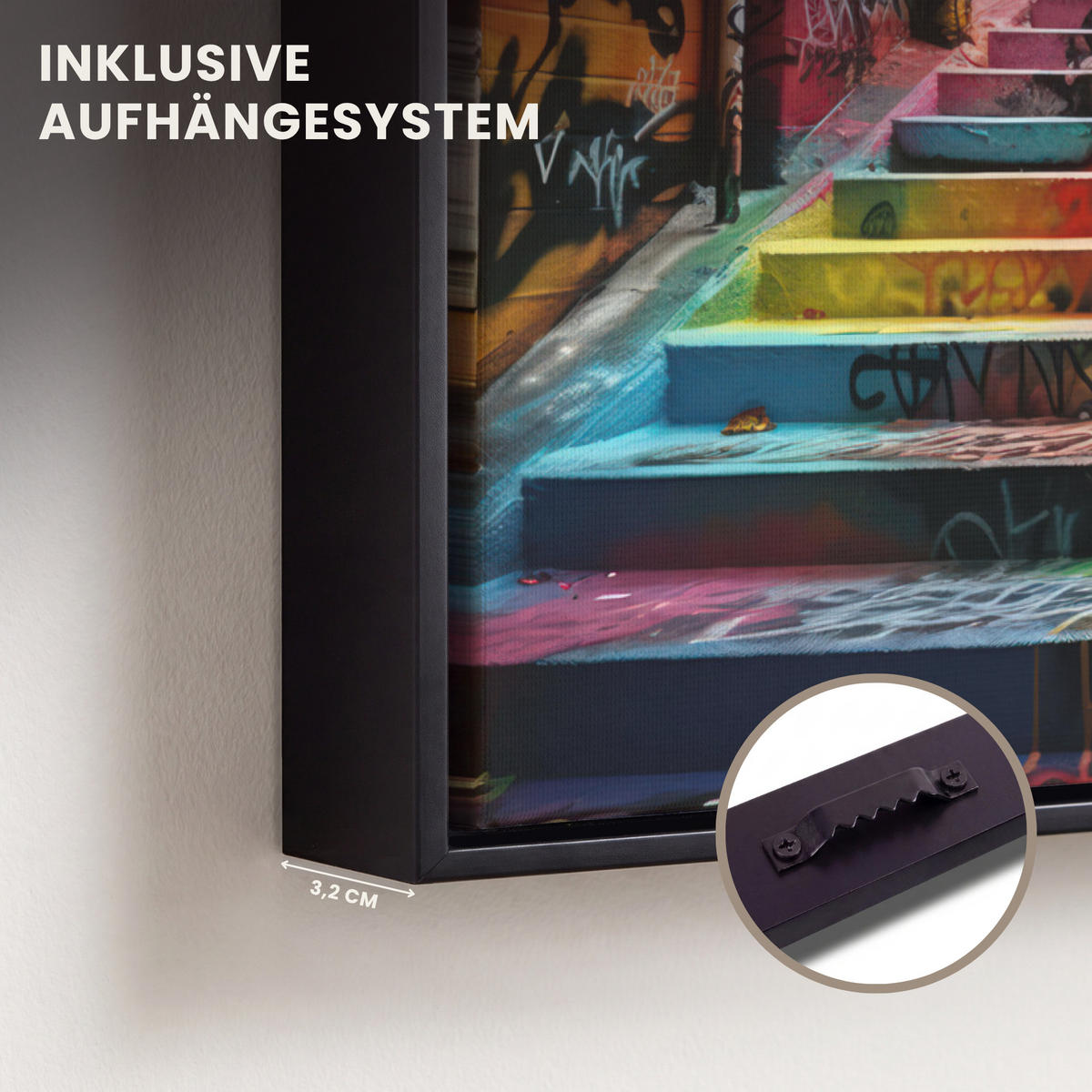 LEINWAND Bilder mit Rahmen - Treppe - Graffiti - Farben - Kunst - 40x30 - Multicolor, Textil (40/30cm) - MuchoWow