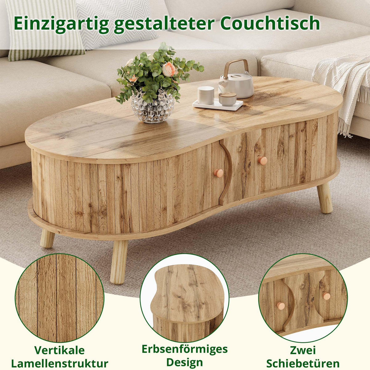 COUCHTISCH holzoptik & rillen-design erbsenform & schiebetüren - Naturfarben, Holzwerkstoff (50/108/37cm) - Urban Meuble