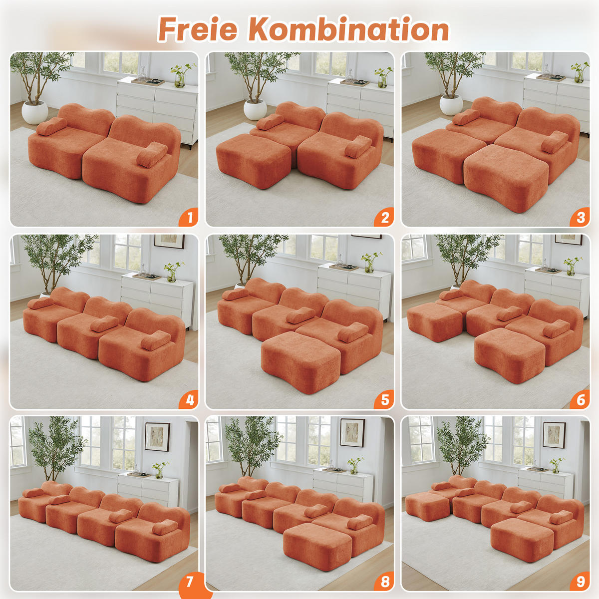 3-SITZER Sofa 288×98×70 cm Samt rahmenlos modular, orange - Orange, Textil (98/70/288cm)