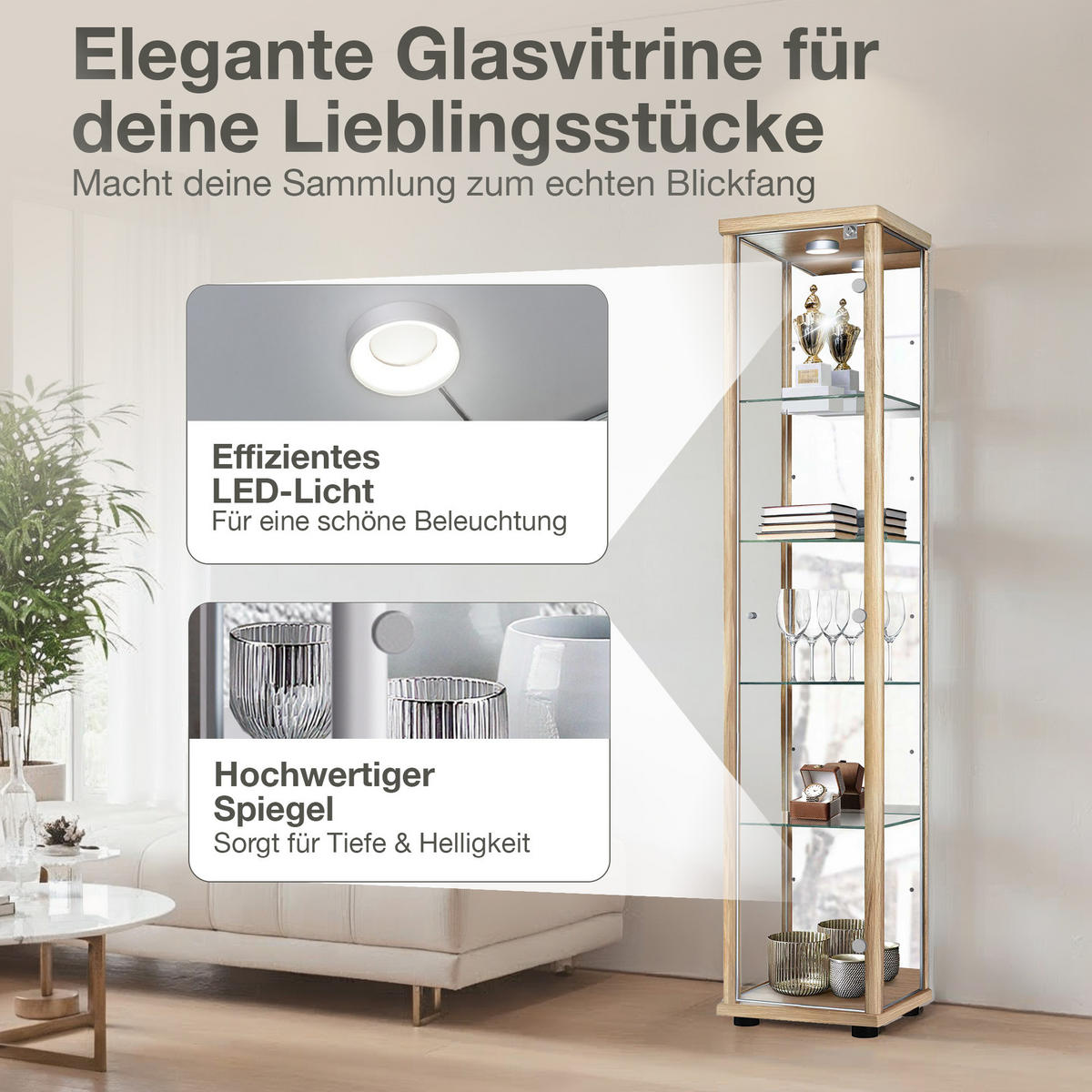 GLASVITRINE 33/37/176 cm mit Spiegel, LED, Schloss & 4 höhenverstellbaren Glasböden - Transparent/Silberfarben, Glas/Holzwerkstoff (37/176/33cm) - K-Möbel