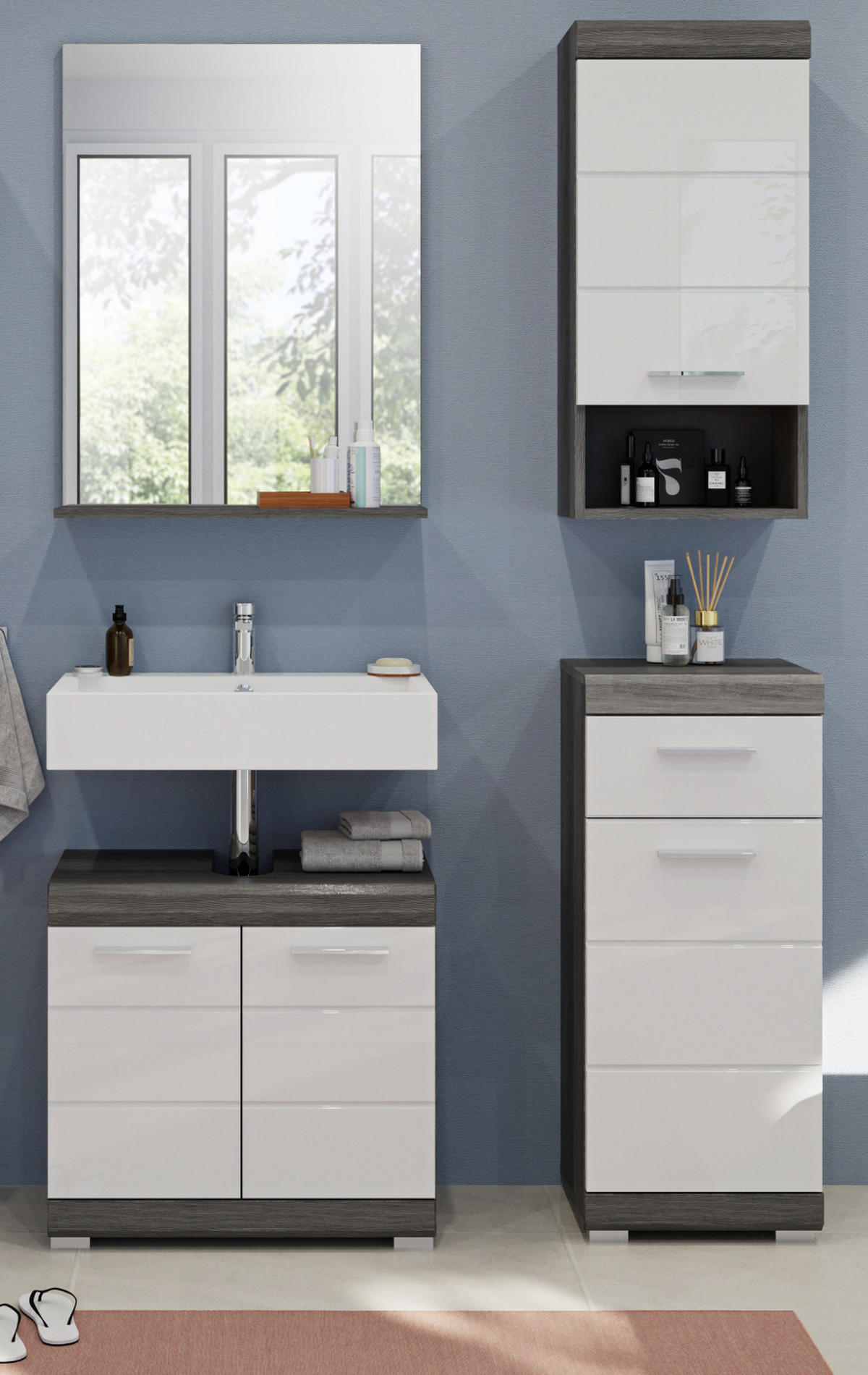 BADMÖBEL-SET weiß Hochglanz, grau 4-teilig 112 cm, Komplettset mit 7 Fächern - Weiß Hochglanz/Grau, Holzwerkstoff (112/191/34cm) - Inn.Furn