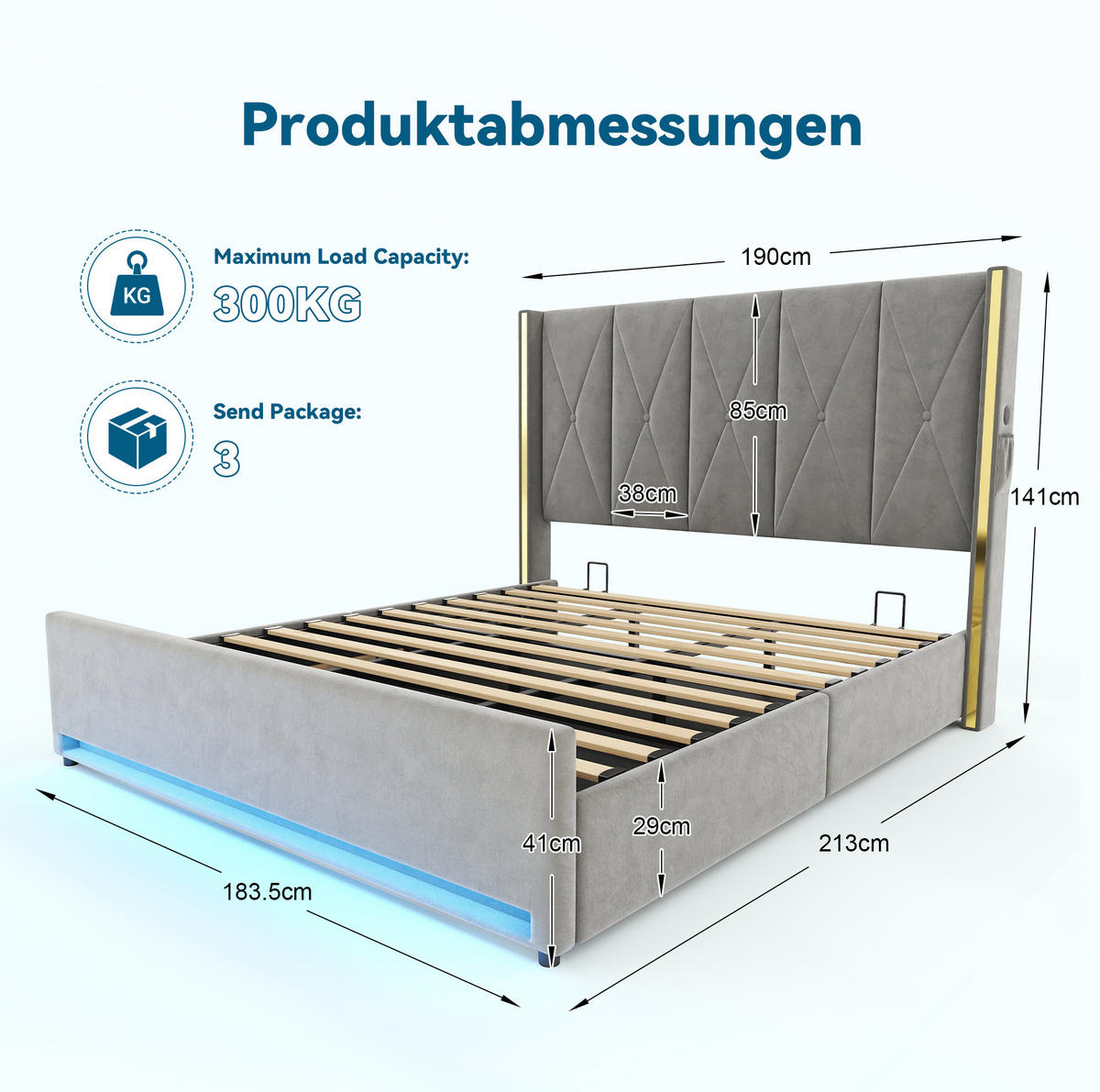 POLSTERBETT 180/200 cm mit LED-Beleuchtung, USB- und Type-C-Anschluss, Bettkasten und Seitentaschen, Dunkelgrau - Dunkelgrau, Textil (180/200cm) - Redom