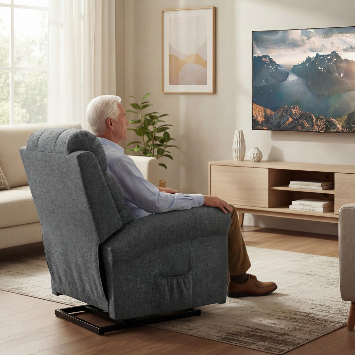 SESSEL mit Aufstehhilfe Neigebarer Massagesessel, Elektrischer Relaxsessel, Grau - Schwarz/Grau, Textil/Metall (87/108/87.5cm) - HOMCOM