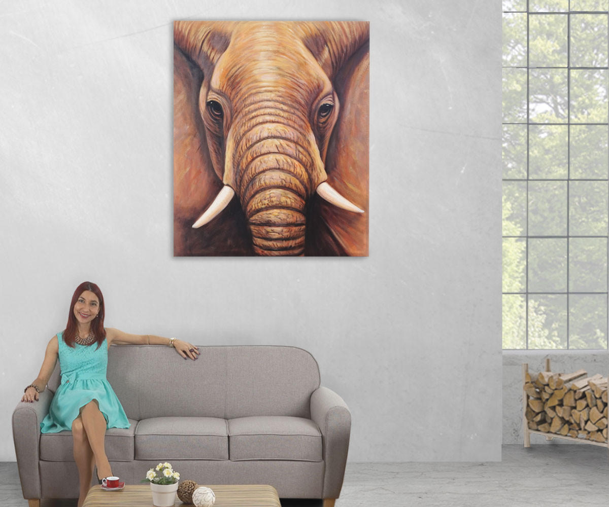 ÖLGEMÄLDE NAHAUFNAHME ELEFANT HANDGEMALT Mehrfarbig - Multicolor, Textil (100/120cm) - MCW