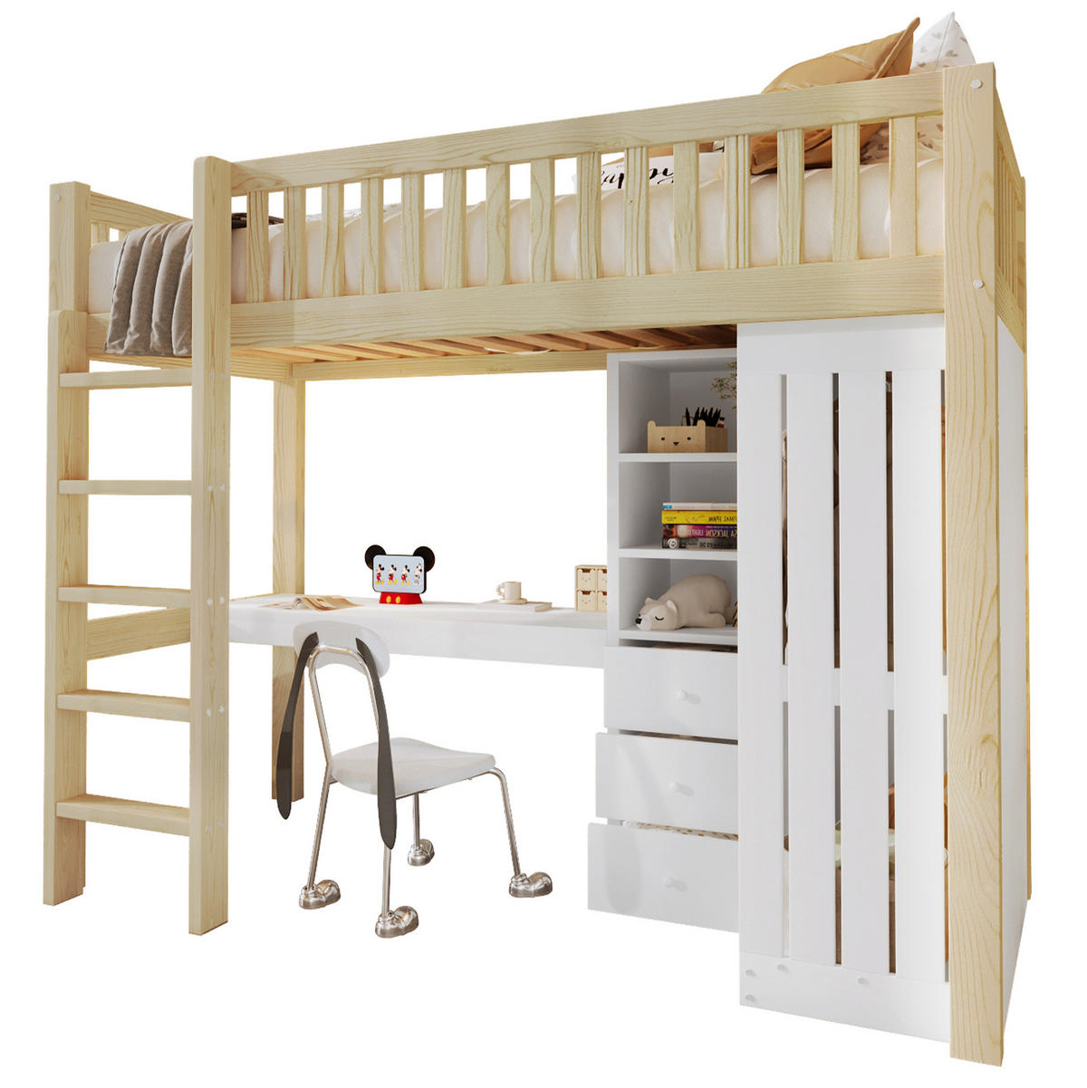 HOCHBETT 90/200 cm aus Kiefernholz und MDF mit Schreibtisch und Kleiderschrank Natur - Naturfarben, Holz (90/200cm) - Modenvie