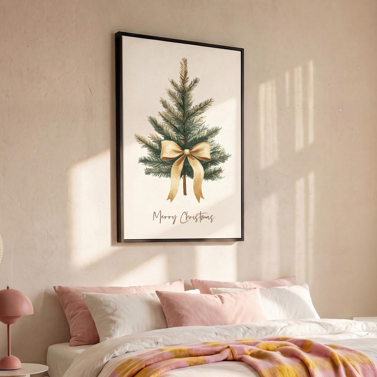 LEINWAND Bilder mit Rahmen - Weihnachtsbaum - Weihnachten - Frohe Weihnachten - Beige - 90x140 - Sandfarben, Textil (90/140cm) - MuchoWow