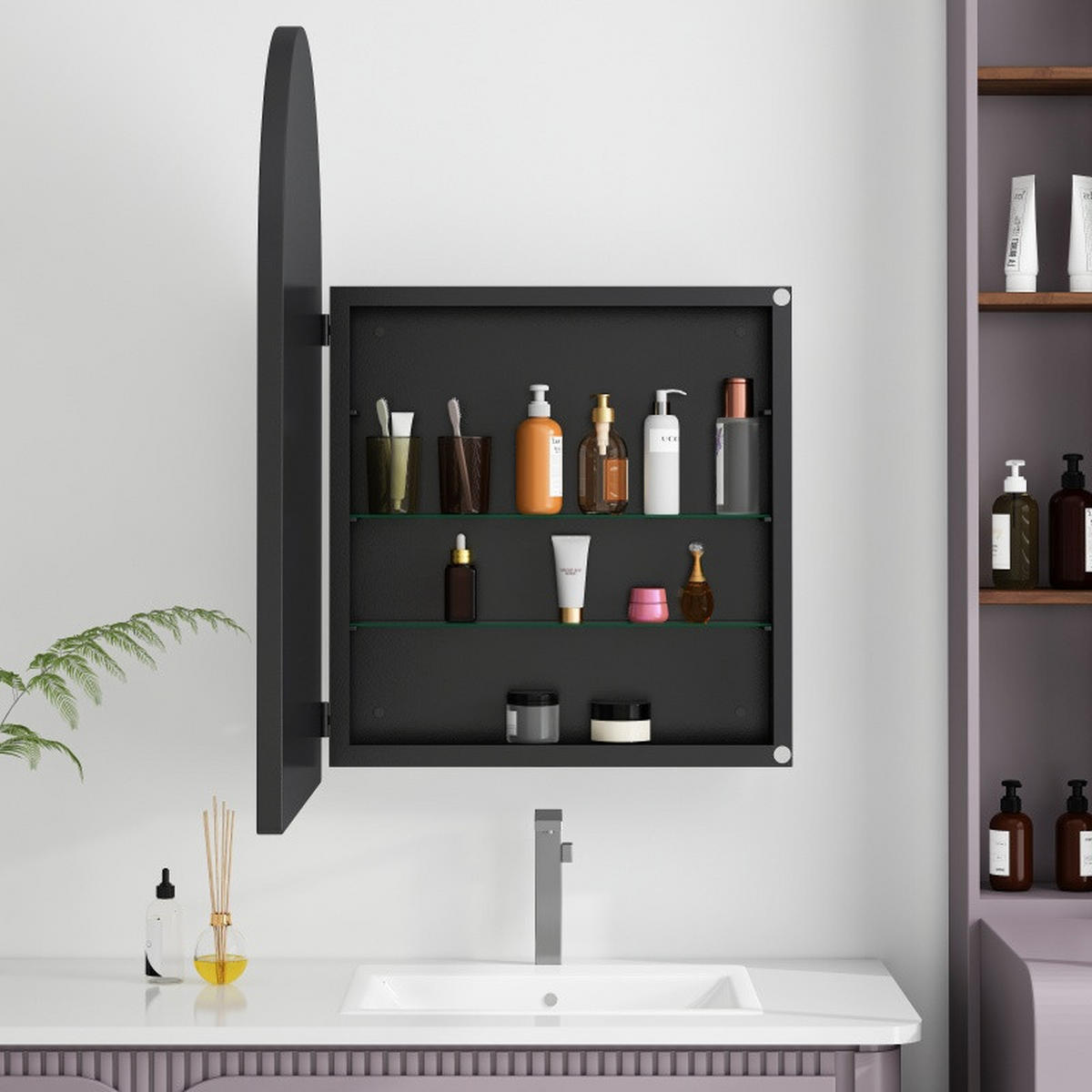 SPIEGELSCHRANK Bad 91/61/12 cm Schwarz, Metallrahmen und verstellbare Glasablagen - Schwarz, Glas/Holz (61/91/10cm) - PARAFTA HOME
