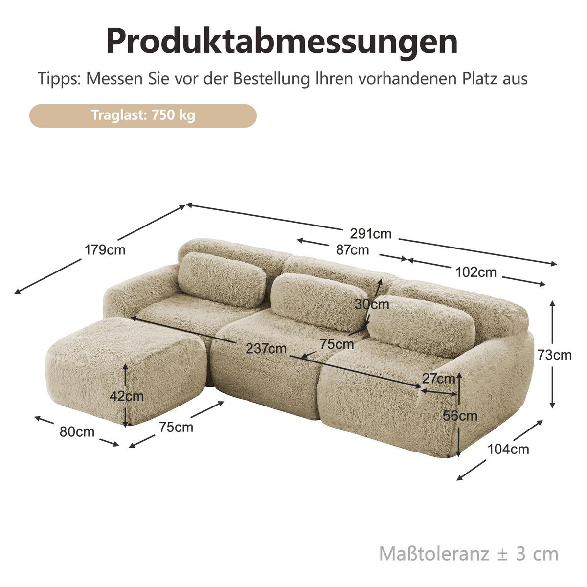 ECKSOFA 291/179/73 cm Hellkhaki Plüsch mit 1 Fußhocker und 2 kleinen Dekokissen - Sandfarben/Graubraun, Textil (291/179cm) - Oxeza