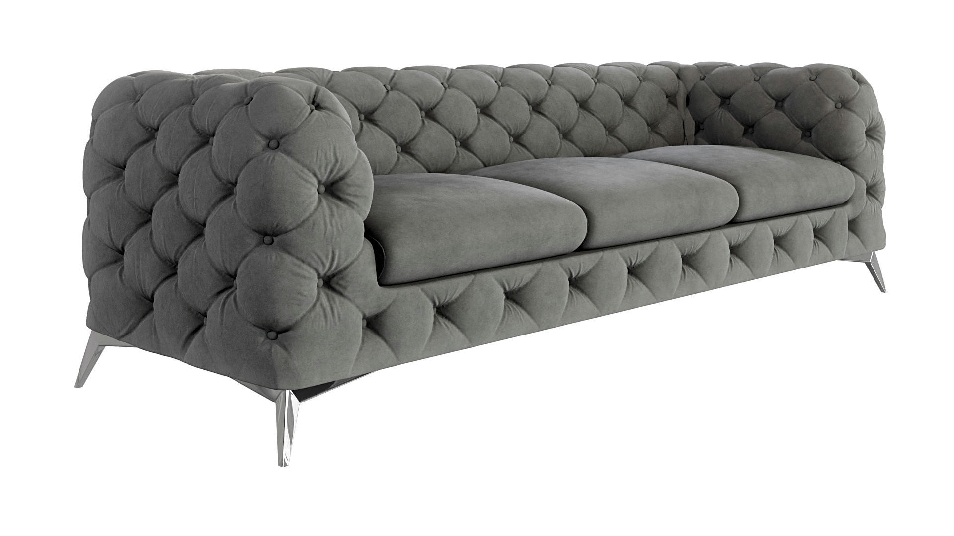 CHESTERFIELD-SOFA 3-Sitzer Laura Grau Samt - Silberfarben/Grau, Holz/Textil (243/75/100cm) - S-Style Möbel
