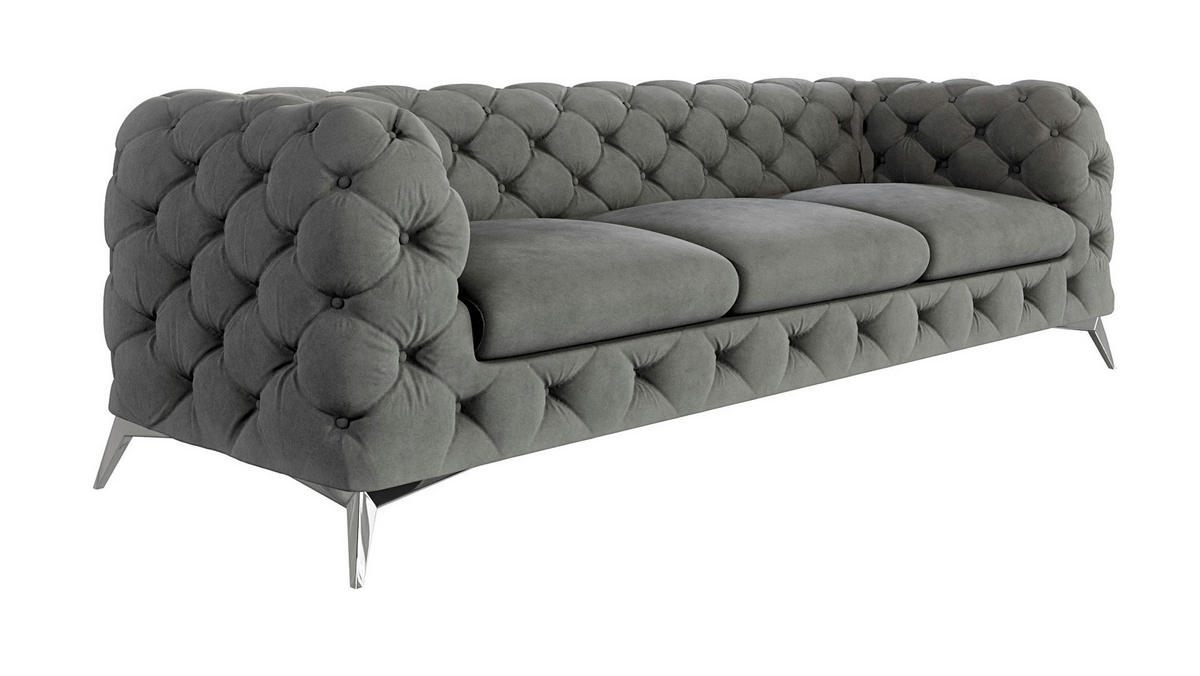 CHESTERFIELD-SOFA 3-Sitzer Laura Grau Samt - Silberfarben/Grau, Holz/Textil (243/75/100cm) - S-Style Möbel