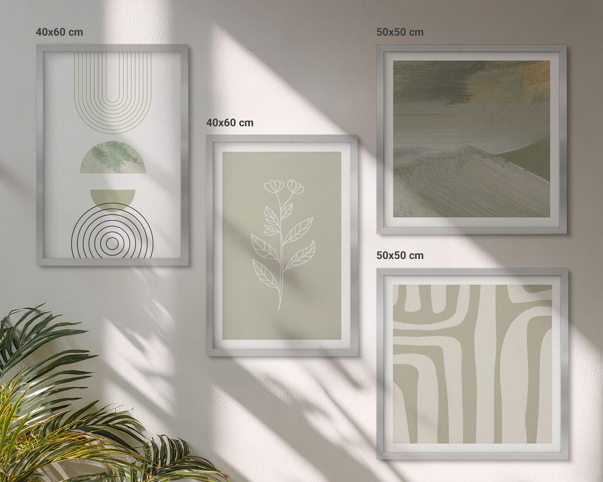 WANDBILDER 4er Set - 50x50 cm & 40x60 cm Silberner Rahmen - Geometrische Pflanzenmuster - Silberfarben, Kunststoff (50/50cm) - ArtPrintCave