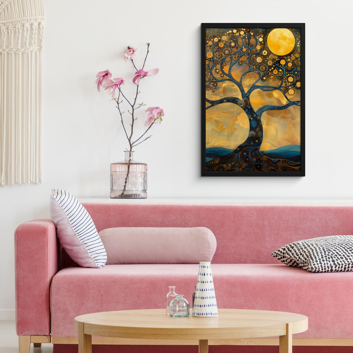 GERAHMTES BILD Baum - Mond - Blumen - Gold - Kunst 40x60 cm - Orange, Papier (40/60cm) - MuchoWow