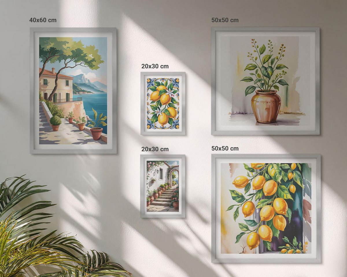 WANDBILDER 5er Set - 50x50 cm & 20x30 cm & 40x60 cm Silberner Rahmen - Zitrusbaum im Fenster am Meer - Silberfarben, Kunststoff (40/60cm) - ArtPrintCave