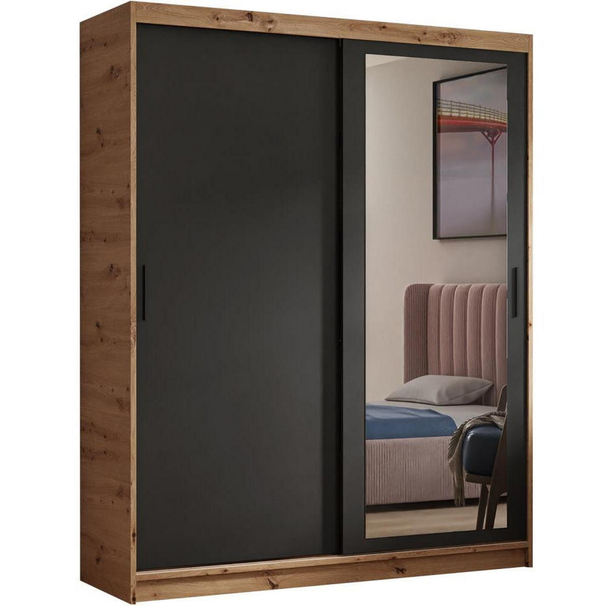 SCHWEBETÜRENSCHRANK Hela 100/205/60 2-türig eiche Artisan/schwarz mit Schubladen - Schwarz/Eiche Artisan, Holzwerkstoff (100/205/60cm) - Beautysofa