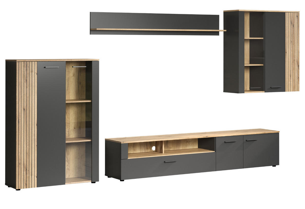 WOHNWAND grau, Evoke Eiche 4-teilig 340 cm, Schrankwand mit viel Stauraum - Eichefarben/Anthrazit, Holzwerkstoff/Kunststoff (167/25/18cm) - Top.Furn