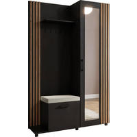 GARDEROBE Linaro mit Spiegel, Sitzbank in Lamellen-Optik 137/207/42 cm, Links - Schwarz, Holzwerkstoff (137/207/42cm) - WFL GROUP