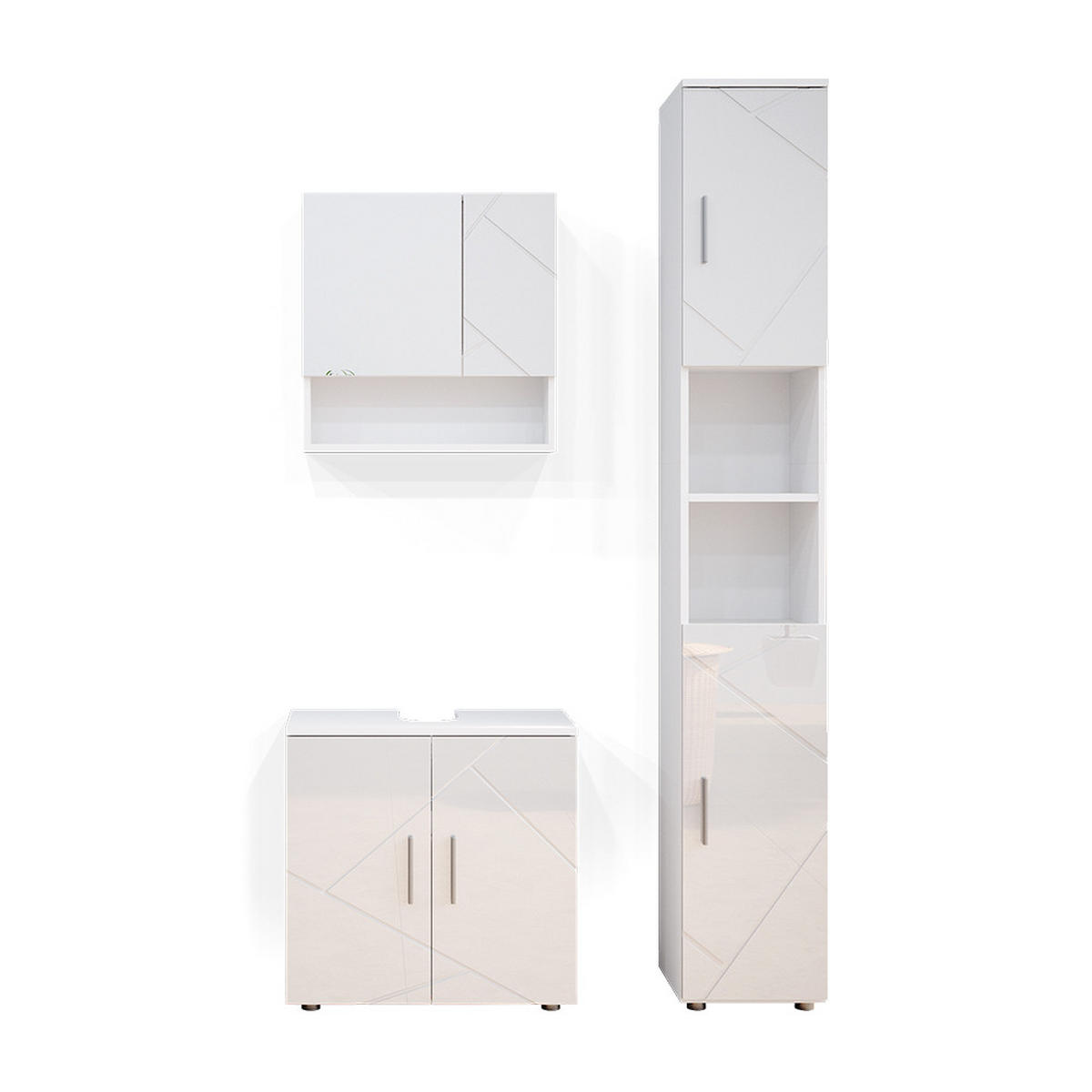 BADMÖBEL-SET Irma Weiß Hochglanz 3 Teile, mit Hochschrank - Weiß Hochglanz/Weiß, Holzwerkstoff (80/58.6/41cm) - Vicco