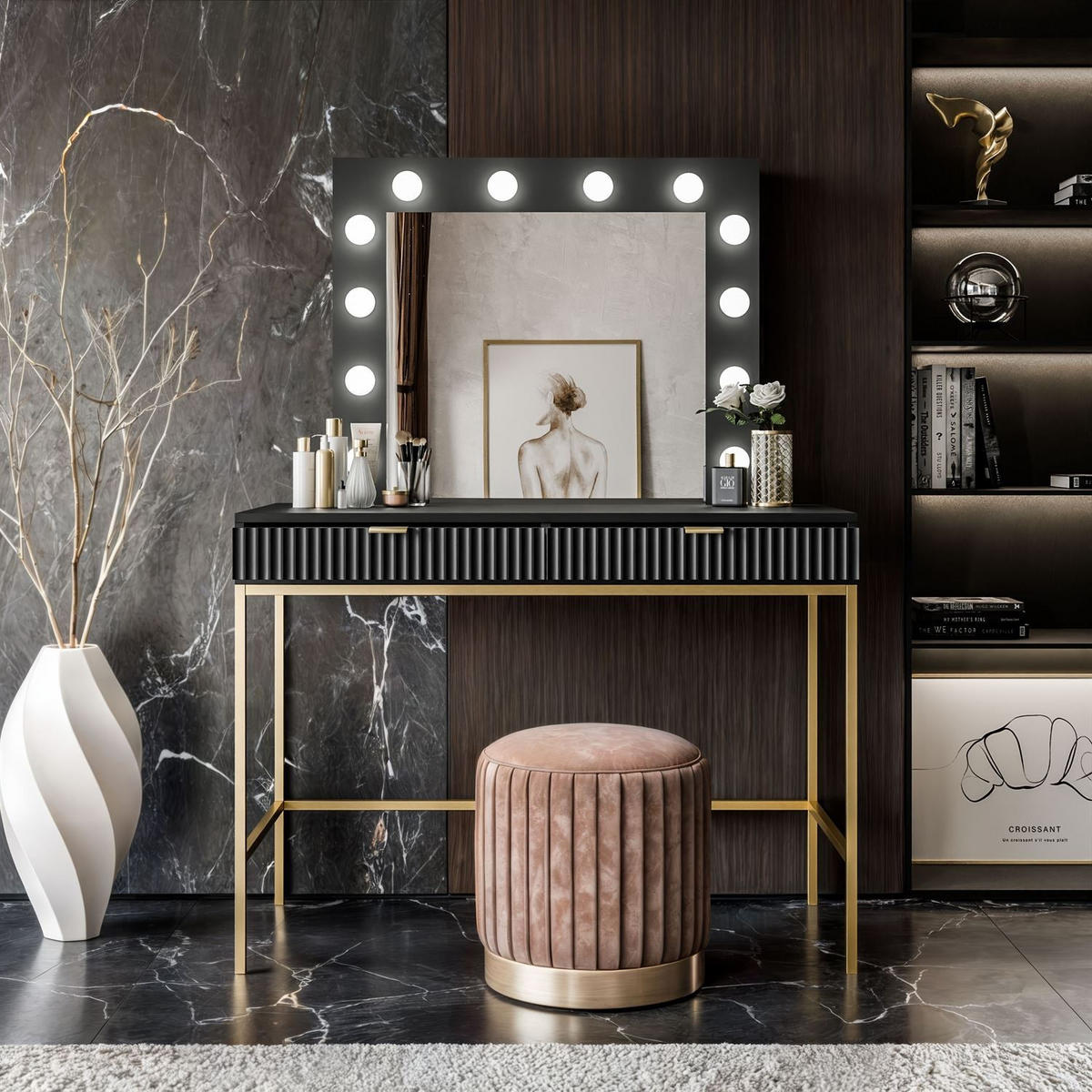 SCHMINKTISCH MIT SPIEGEL CORTADO GOLD T104 SCHWARZ - Schwarz, Holzwerkstoff (104/78/50cm) - Lookway