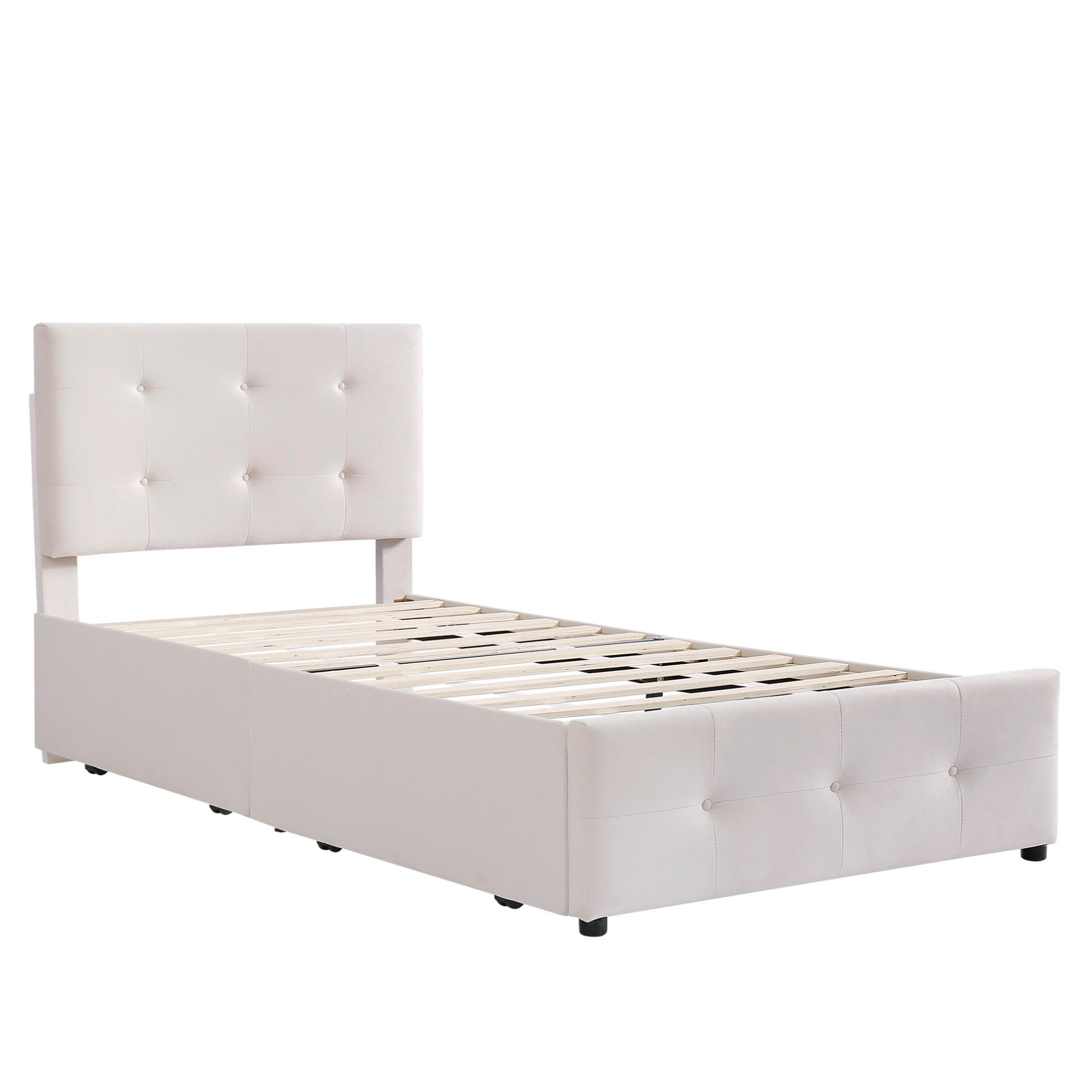 KINDEREINZELBETTEN aus Samtstoff 90x200 cm in Beige mit Schublade & Lattenrost - Beige, Textil (90/200cm) - Modfu