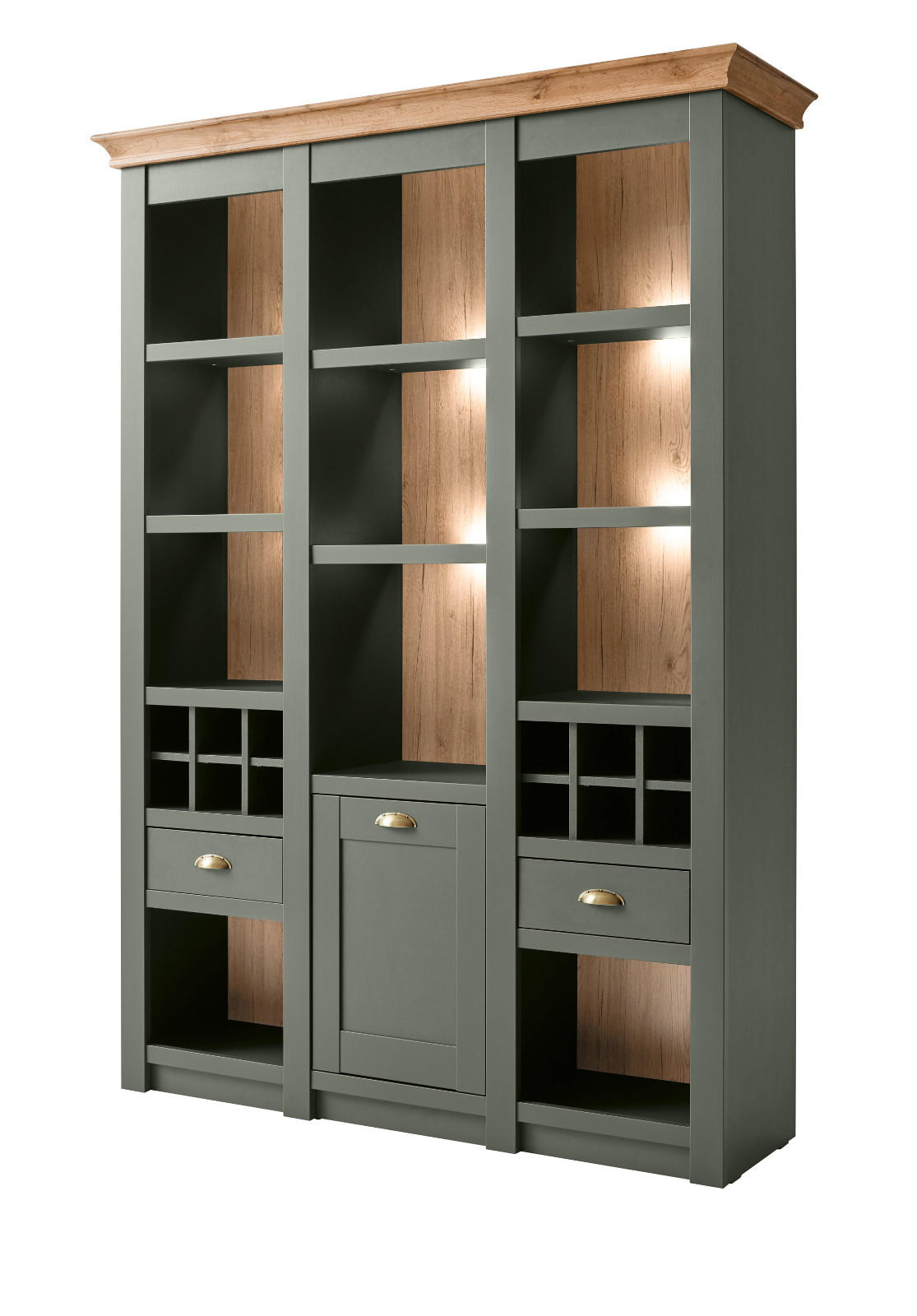 REGAL grün, Wotan Eiche Landhaus, Regalschrank mit Weinregal - Dunkelgrün/Messingfarben, Holzwerkstoff/Metall (147/207/45cm) - Furn.Design
