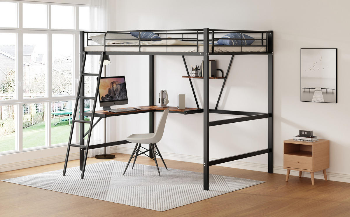 HOCHBETT 90/200 cm schwarz mit L-förmigem Schreibtisch und Regal - Schwarz, Metall (90/200cm) - OKWISH