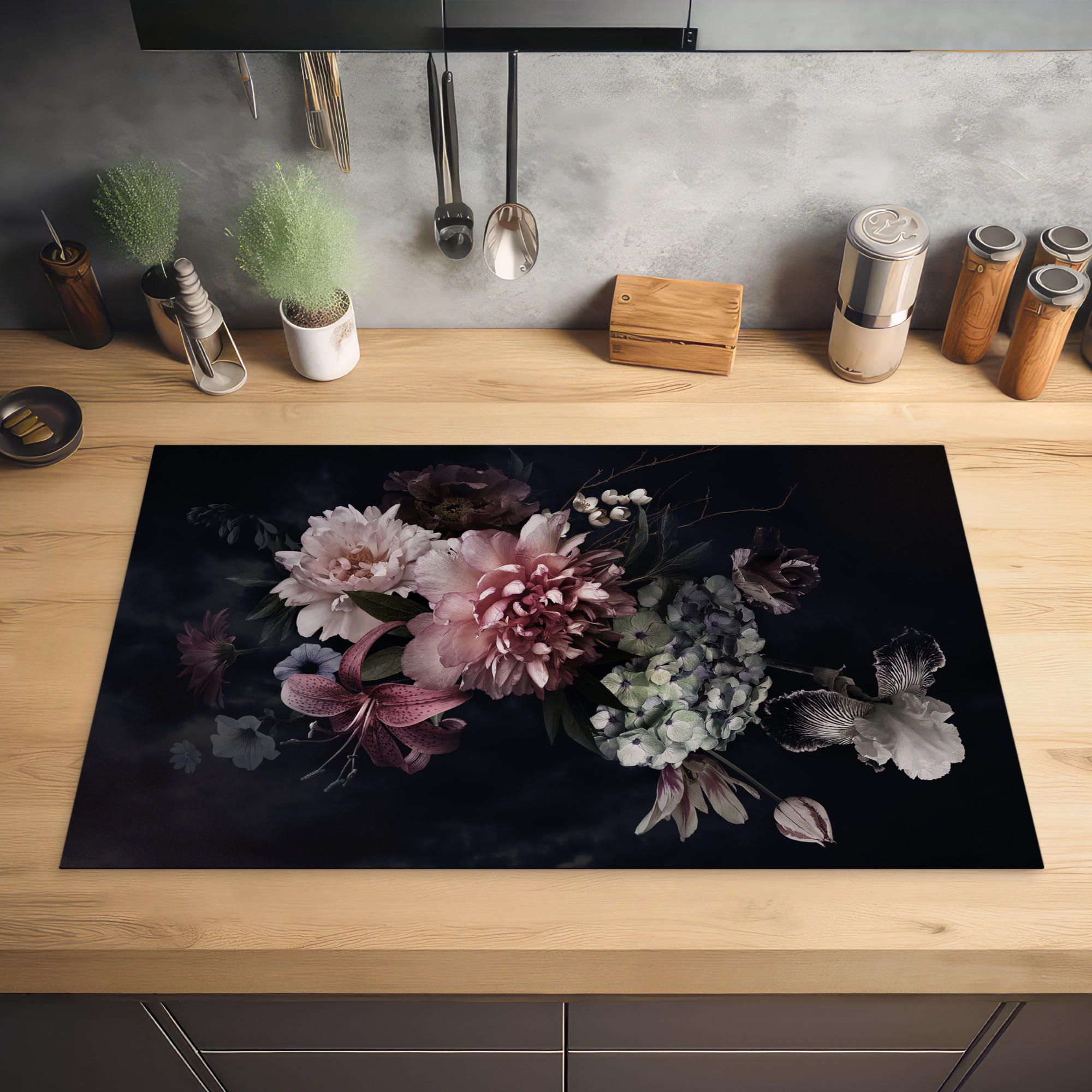 HERDABDECKPLATTE Blumen - Vintage - Pastell - Rosa - Weiß 83x51 cm - Altrosa, Kunststoff (83/0.2/51.5cm) - MuchoWow