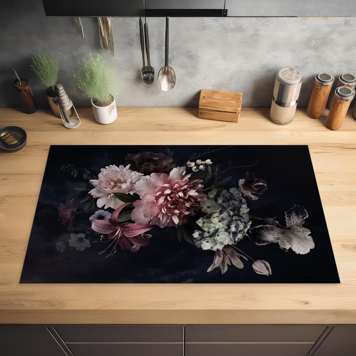 HERDABDECKPLATTE Blumen - Vintage - Pastell - Rosa - Weiß 85x52 cm - Altrosa, Kunststoff (85/0.2/52cm) - MuchoWow