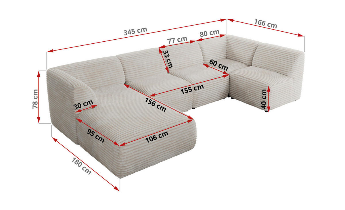 WOHNLANDSCHAFT MODARO U 5M - Beige Cord - Rechts - Beige/Schwarz, Textil (345/78/180cm) - MKS