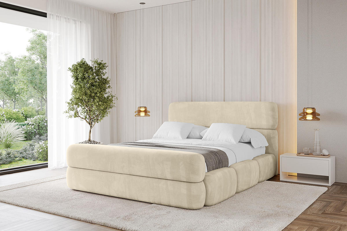 POLSTERBETT mit Bettkasten, Fußteil und Lattenrost, Bett mit Matratze H3/H4 - ELVA-Z 180x200 Beige - Ecru, Holzwerkstoff/Textil (180/200cm) - ALTDECOR