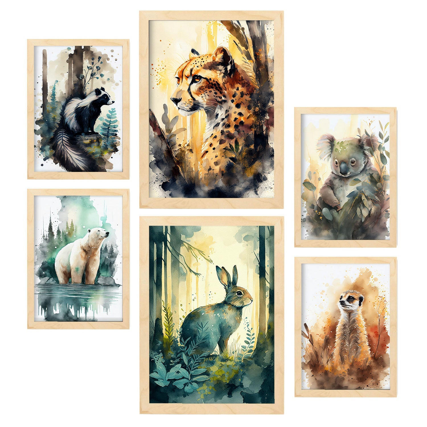 POSTER Set Mit 6 Tiefer Wald Illustrationen Von Tieren In Naturlandschaften, Realistischer Aquarellstil A3 & A4 Rahmen Aus Hellem Holz - Beige, Papier (29/3cm) - Nacnic