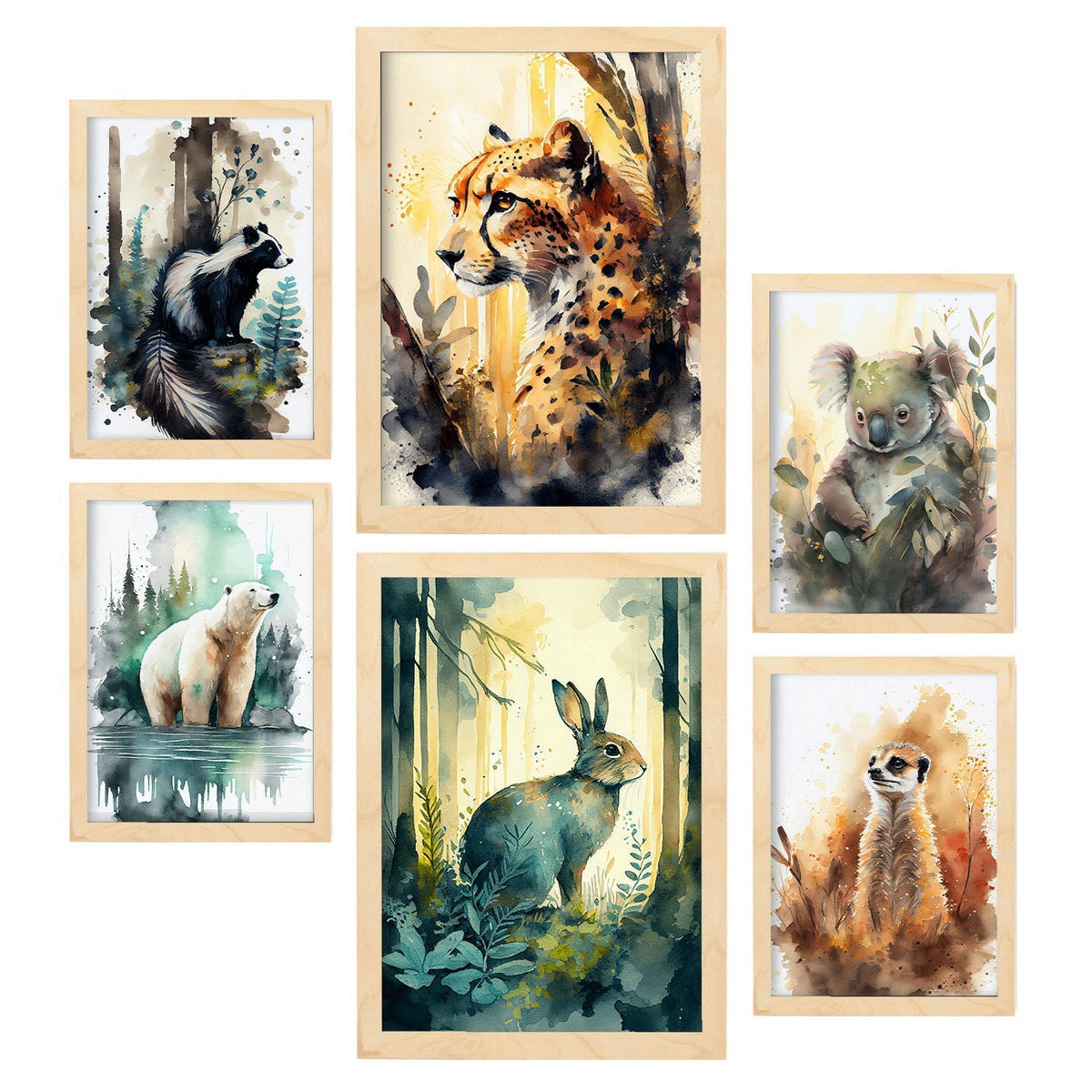 POSTER Set Mit 6 Tiefer Wald Illustrationen Von Tieren In Naturlandschaften, Realistischer Aquarellstil A3 & A4 Rahmen Aus Hellem Holz - Beige, Papier (29/3cm) - Nacnic
