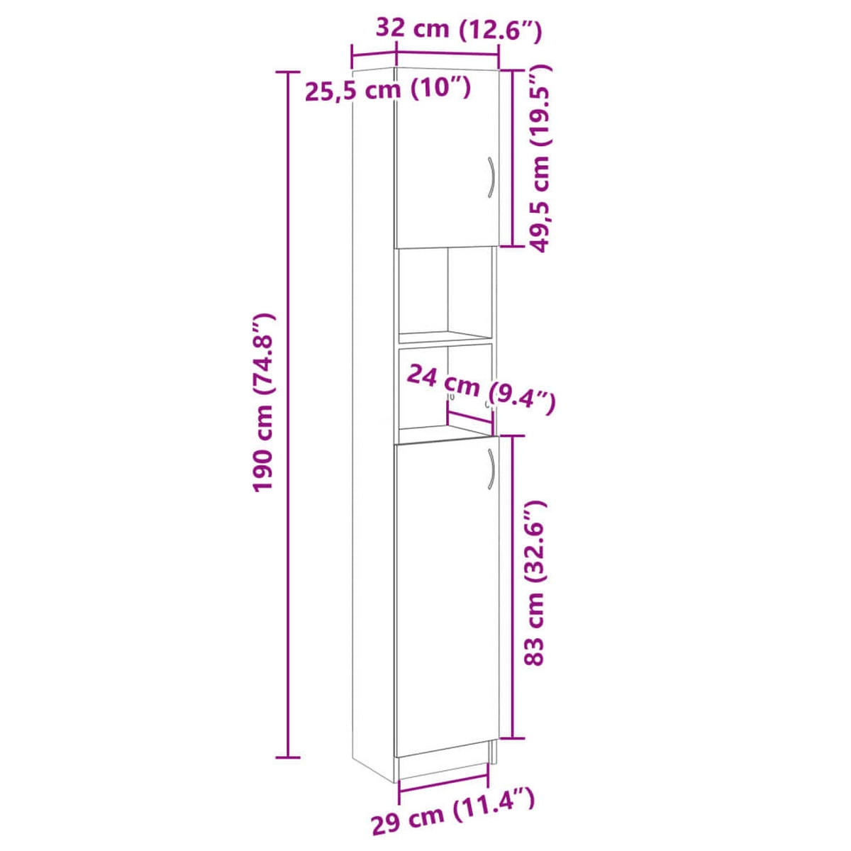 BADEZIMMERSCHRANK SONOMA-EICHE 32X25,5X190 CM HOLZWERKSTOFF - Sonoma Eiche, Holz (25.5/190/32cm) - vidaXL