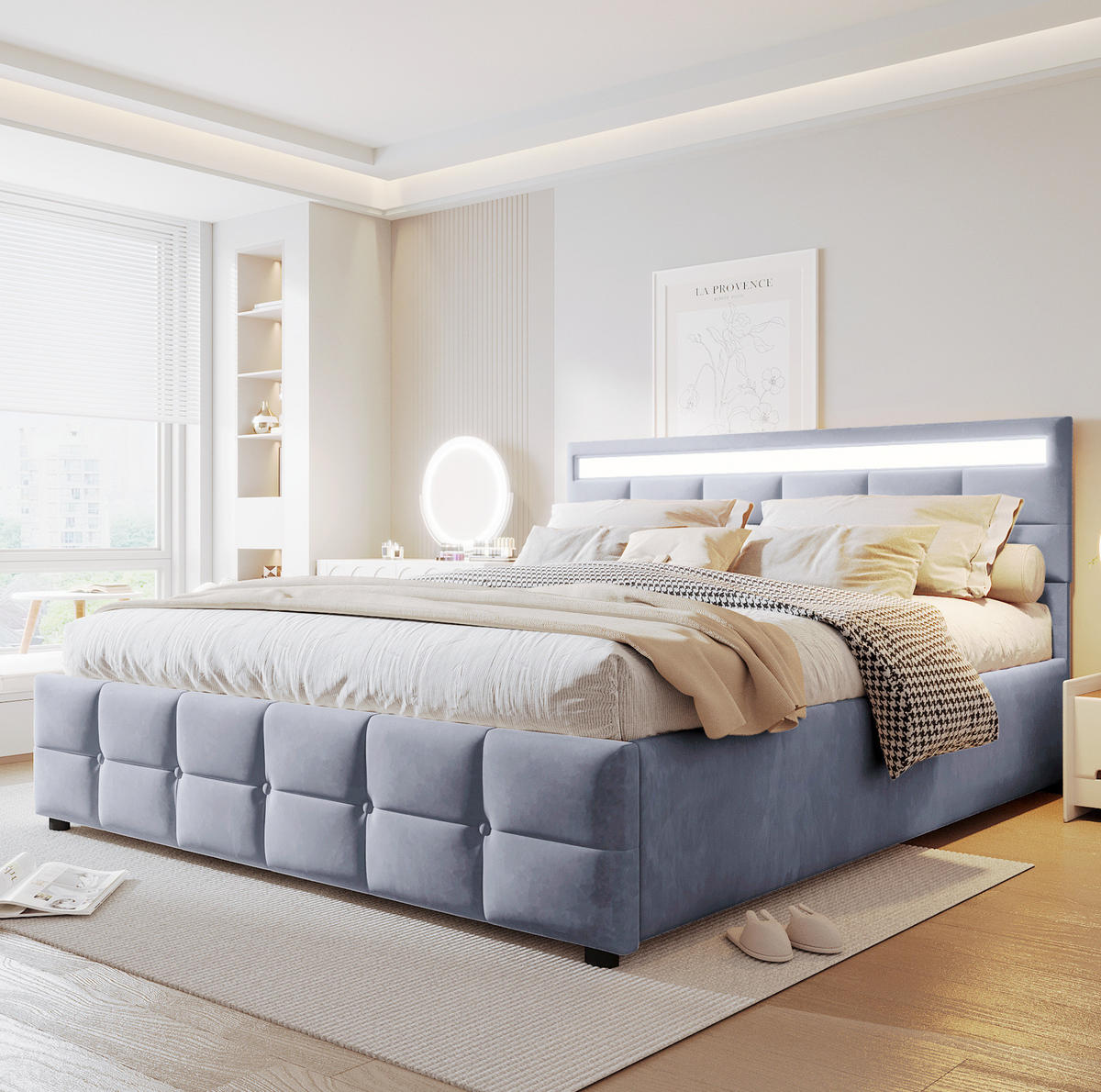 POLSTERBETT 180/200 cm aus Samt mit LED-Licht, Grau - Grau, Textil (180/200cm) - OKMYHOME
