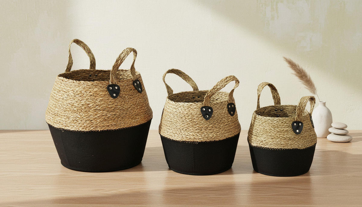 KORB Bali 3er Set schwarz 38/38/34cm Seegras - Schwarz, Naturmaterialien/Kunststoff (38/34/38cm) - Mondex