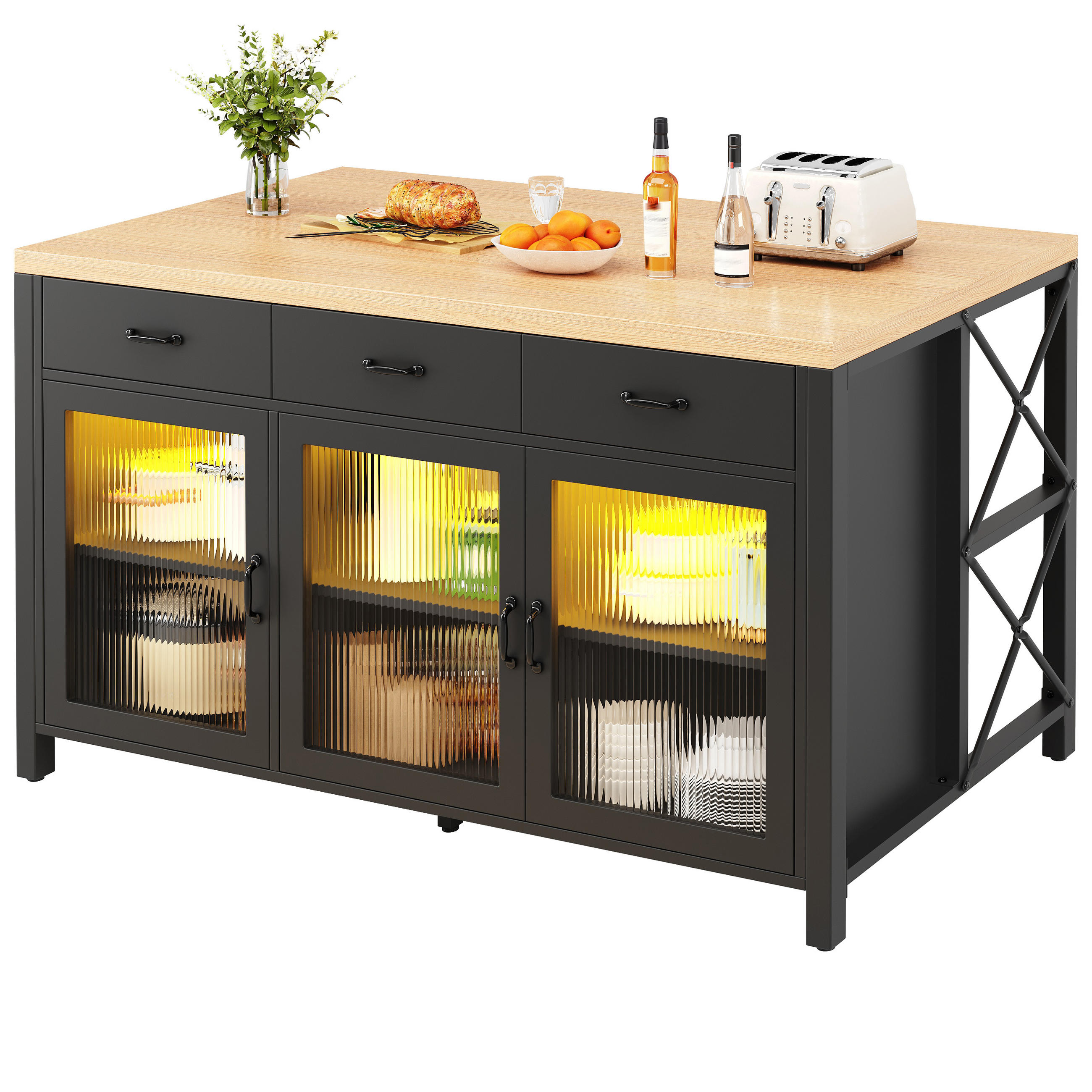 KÜCHENINSEL 150cm Schubladen Glastüren LED Schwarz Natur - Schwarz, Holzwerkstoff (150/90/80cm) - FLIEKS