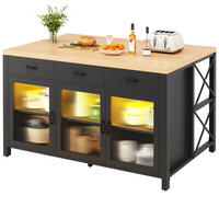 KÜCHENINSEL 150cm Schubladen Glastüren LED Schwarz Natur - Schwarz, Holzwerkstoff (150/90/80cm) - FLIEKS