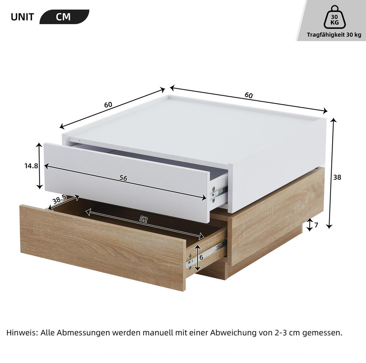 COUCHTISCH 60/60/38 cm in Weiß/Walnuss aus Spanplatte mit 360° Drehfunktion - Weiß, Holzwerkstoff (60/60/38cm) - OKMYHOME