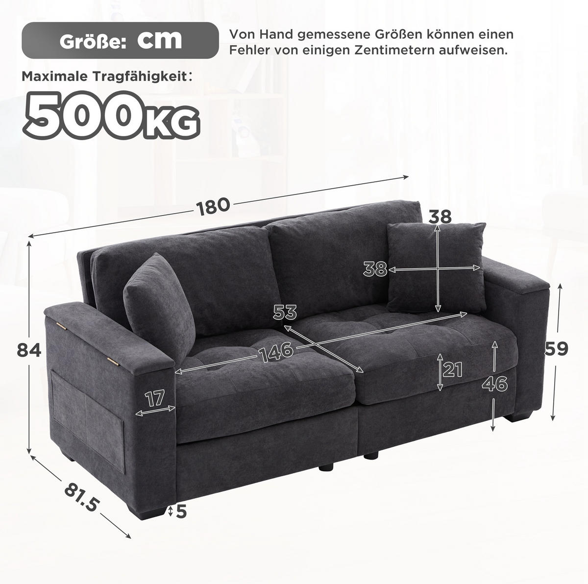 SOFA 2-Sitzer mit Stauraum Chenille Dunkelgrau - Dunkelgrau, Holzwerkstoff (180/84/81.5cm) - Meubliv
