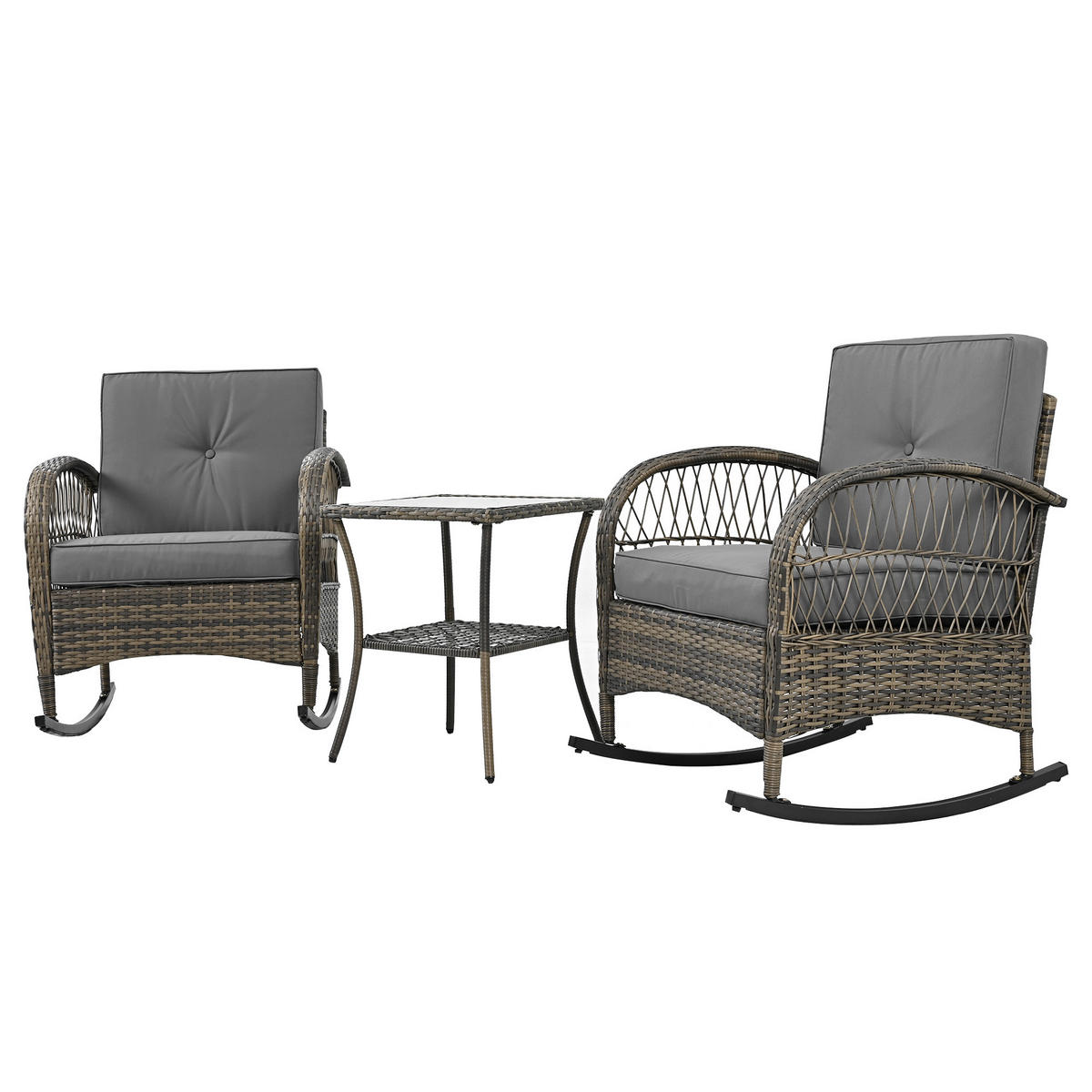 BALKONSET 49/49/61 cm grau aus Rattan und Metall mit 2 Schaukelstühlen - Grau, Metall (49/61/49cm) - OKWISH