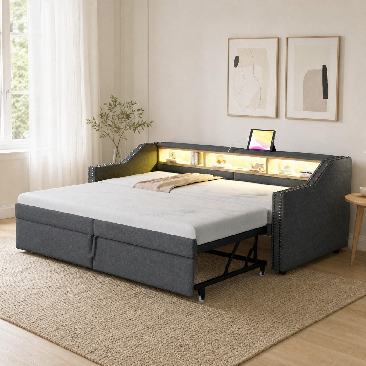 POLSTERBETT 90/200 mit Ausziehbett, USB und LED in Dunkelgrau - Dunkelgrau, Holzwerkstoff/Textil (90/200cm) - EVRYAE