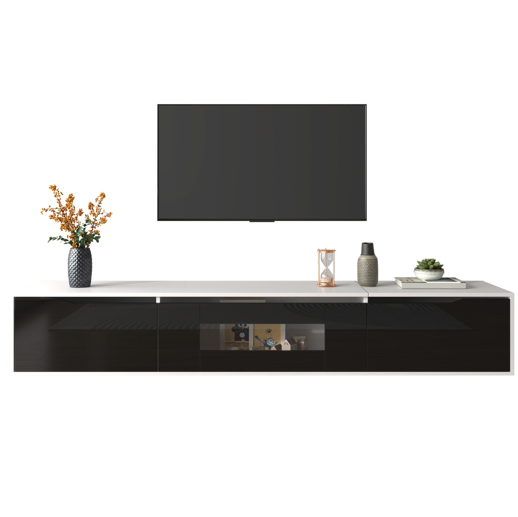 LOWBOARD 180/30/35 cm in Weiß mit Hochglanzfront und LED-Beleuchtung - Schwarz, Holzwerkstoff (180/35/30cm) - Flora Grace