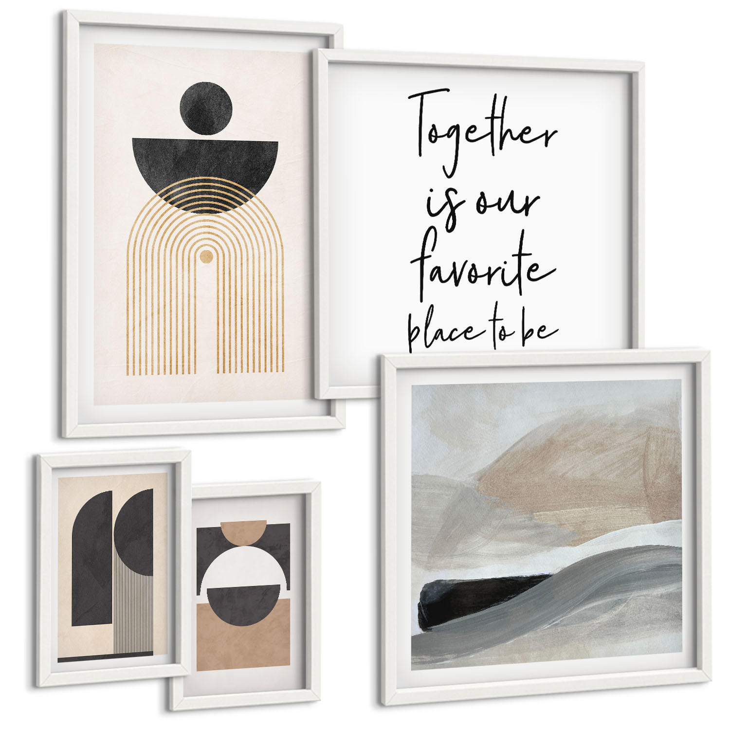BILDER SET 5er Set - 50x50 cm & 20x30 cm & 40x60 cm Weißer Rahmen - Abstrakte Formen beige braun - Weiß, Kunststoff (40/60cm) - TULUP