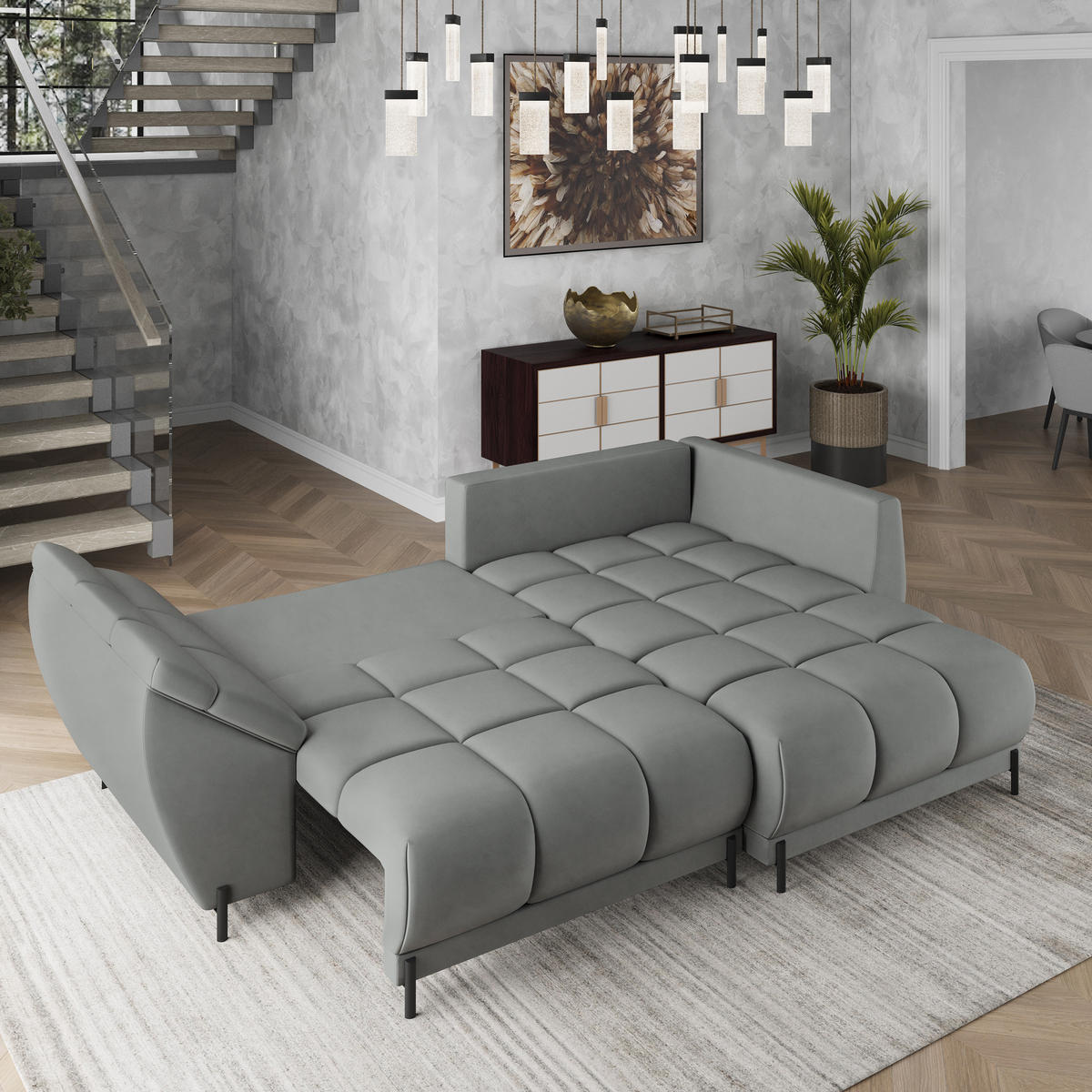 ECKSOFA VESTANO R-S Grau Velours-Stoff mit Schlaffunktion - Grau, Holz (287/182cm) - MASSENO